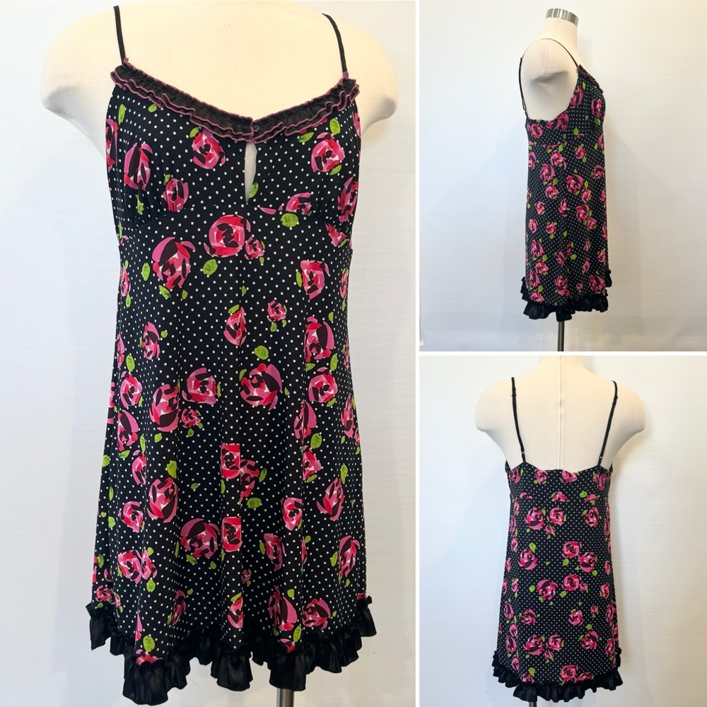🔥Jenni by Jennifer Moore Polka Dot Floral Black Pink Ruffle Babydoll Slip Dress